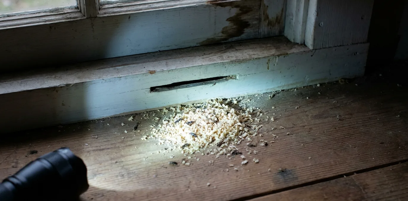 Coarse sawdust below a wooden window frame