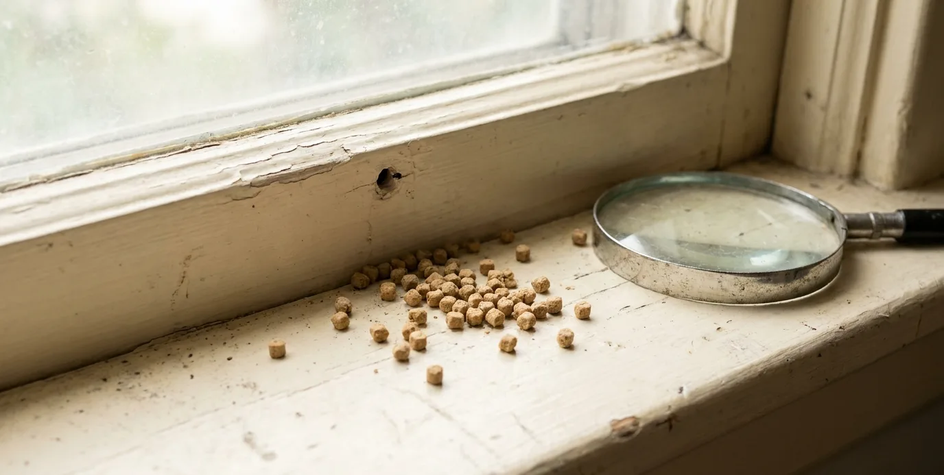 Drywood termite pellets on a windowsill
