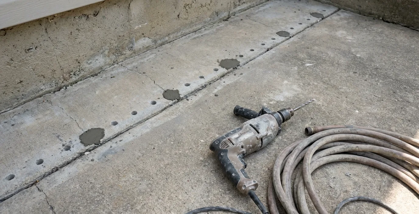 Drill holes along a patio slab joint for a liquid barrier