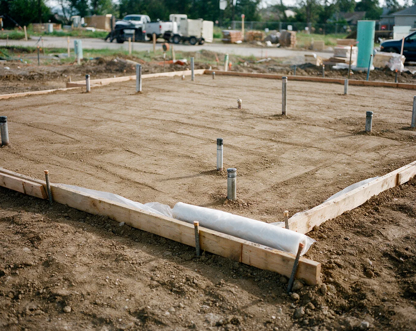A graded soil building pad before the slab pour