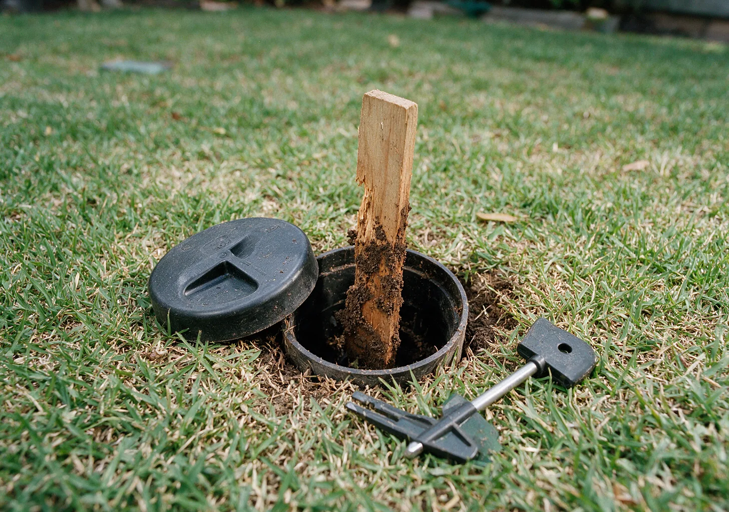 An opened in-ground termite bait station