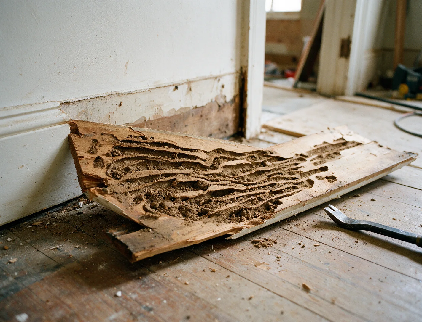A pried-off baseboard showing termite galleries