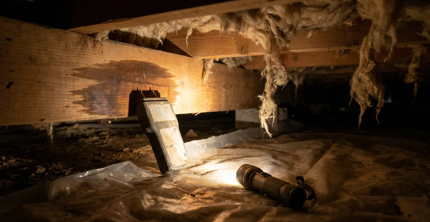 A moisture meter against a crawl space floor joist