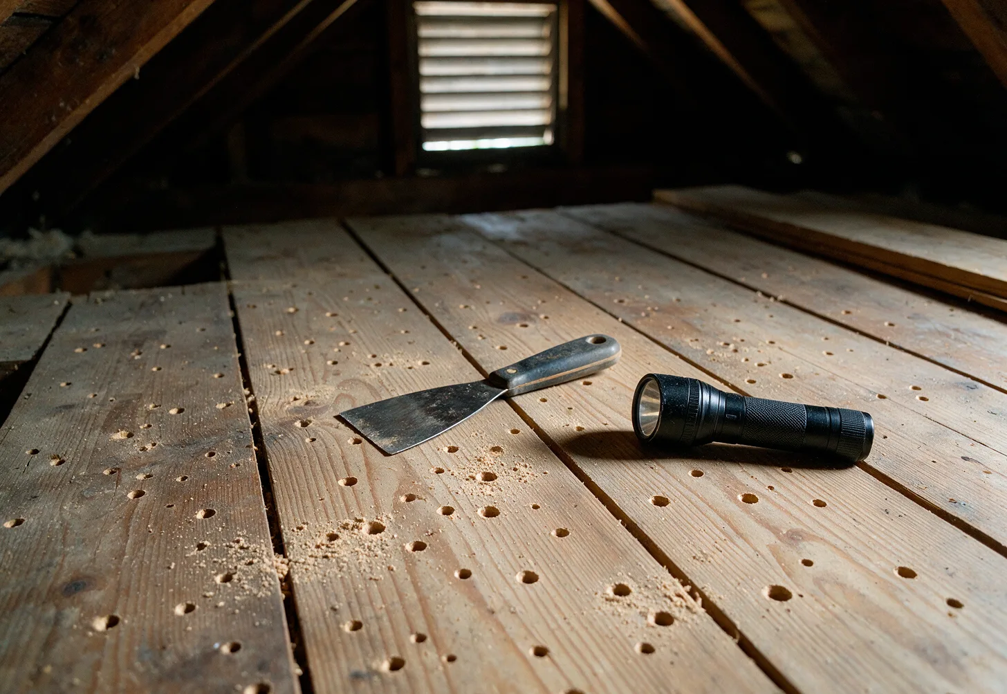 Beetle exit holes in old attic floorboards